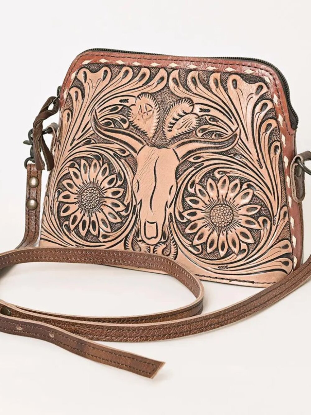 American Darling Western Tooled Leather Crossbody with Longhorn Design